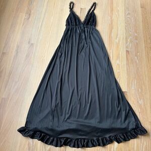Vintage Erica Loren New York Black Liquid Maxi Night Gown Lace Coquette 80s M